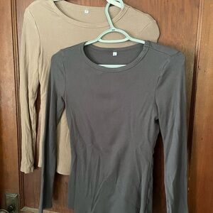 BUNDLE SET OF TWO: Women's Gray and Tan Ribbed Smooth Feel Long Sleeve Tops